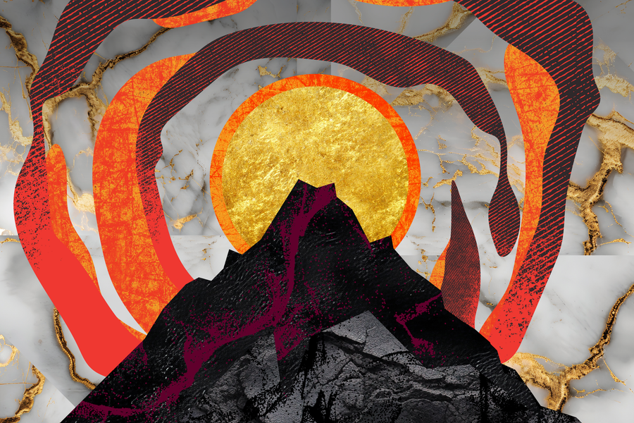 Collage-stijl beeld met een zwarte berg voor een goudkleurige zon, omringd door rode, organische vormen op een achtergrond van wit marmer met gouden aders