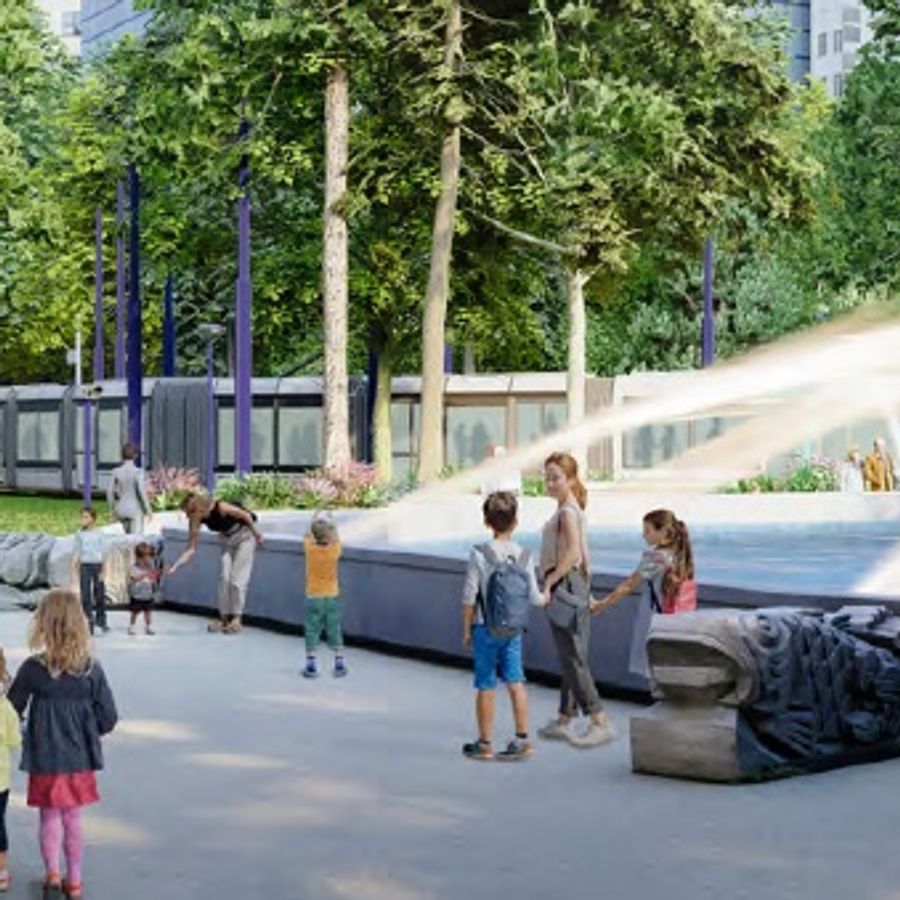 Een artist impression van het vernieuwde Hofplein, om de fontein een breed voetgangersgebied