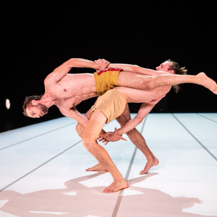 Twee performers grijpen elkaar stevig vast in een fysieke, bijna sculpturale pose waarin kracht en balans centraal staan.