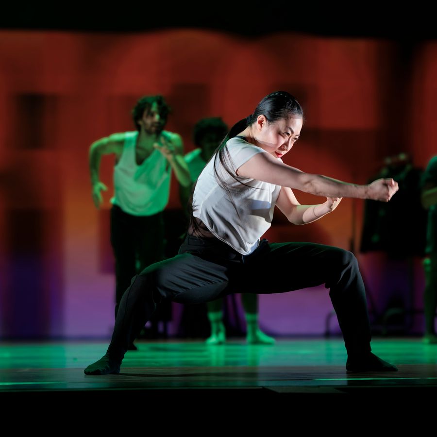 Danser met gestrekt arm en vuist. 