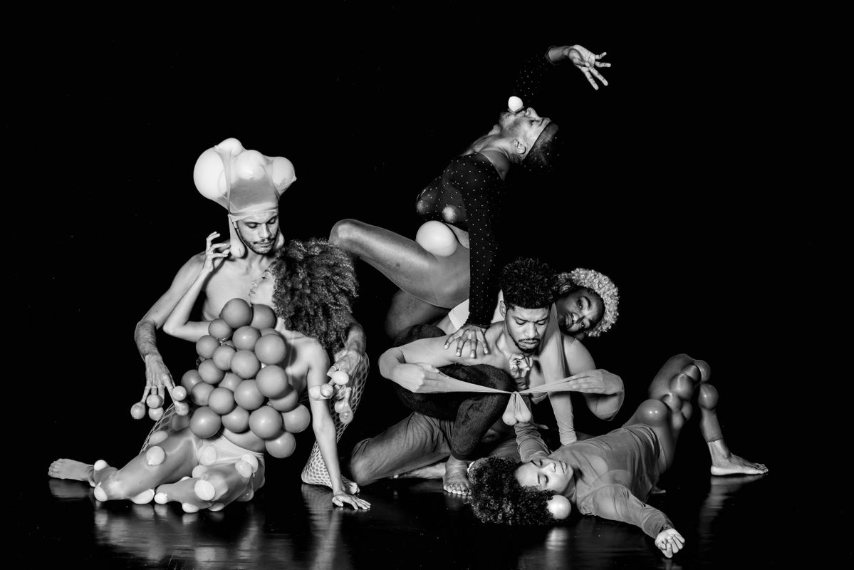 Zes dansers poseren op de grond.