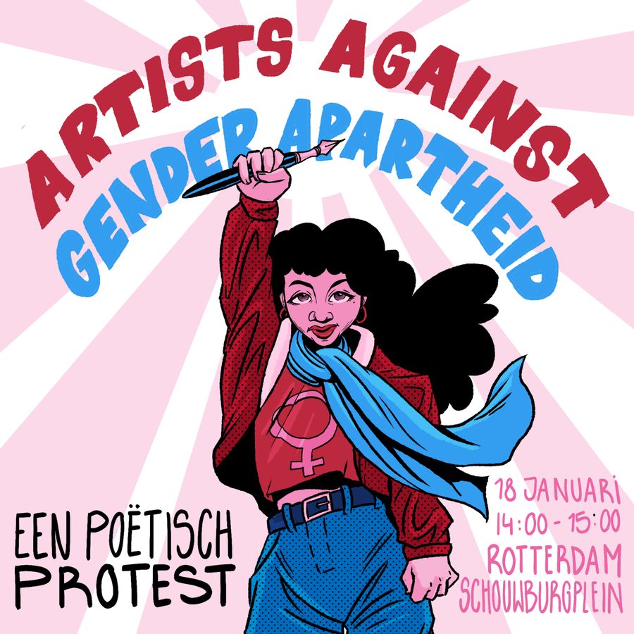 Een illustratie van een vrouw in een activistische pose met in haar hand een vulpen