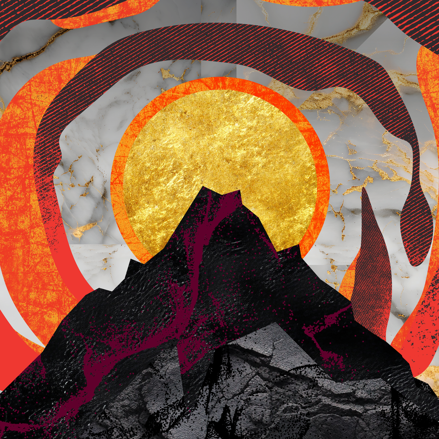 Collage-stijl beeld met een zwarte berg voor een goudkleurige zon, omringd door rode, organische vormen op een achtergrond van wit marmer met gouden aders
